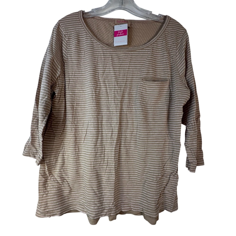 Fresh Produce Womens Large Khaki Striped 3/4 Sleeve Pocket Top Made in USA‎ NWT